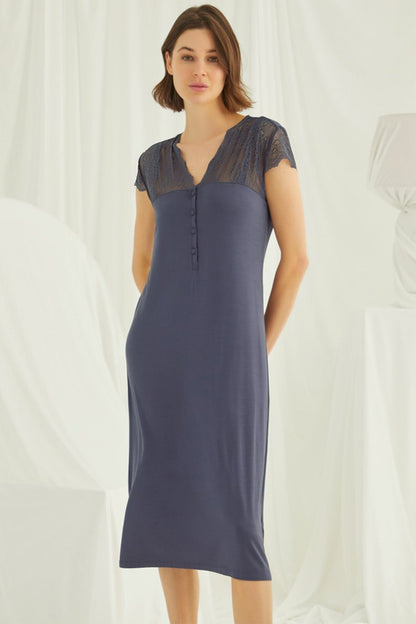 Burgundy Artemis Shopymommy lace V-neck plus size maternity and nursing nightgown with delicate lace details and comfortable fit.