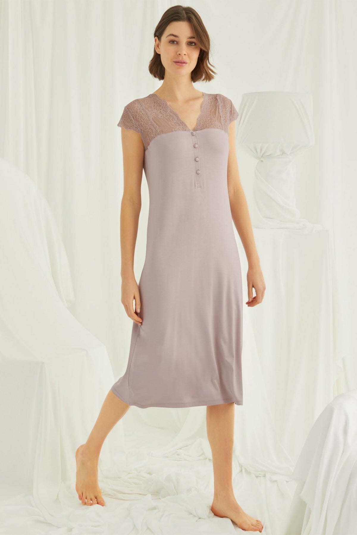 Burgundy Artemis lace V-neck plus size maternity and nursing nightgown with comfortable fit and delicate lace details.
