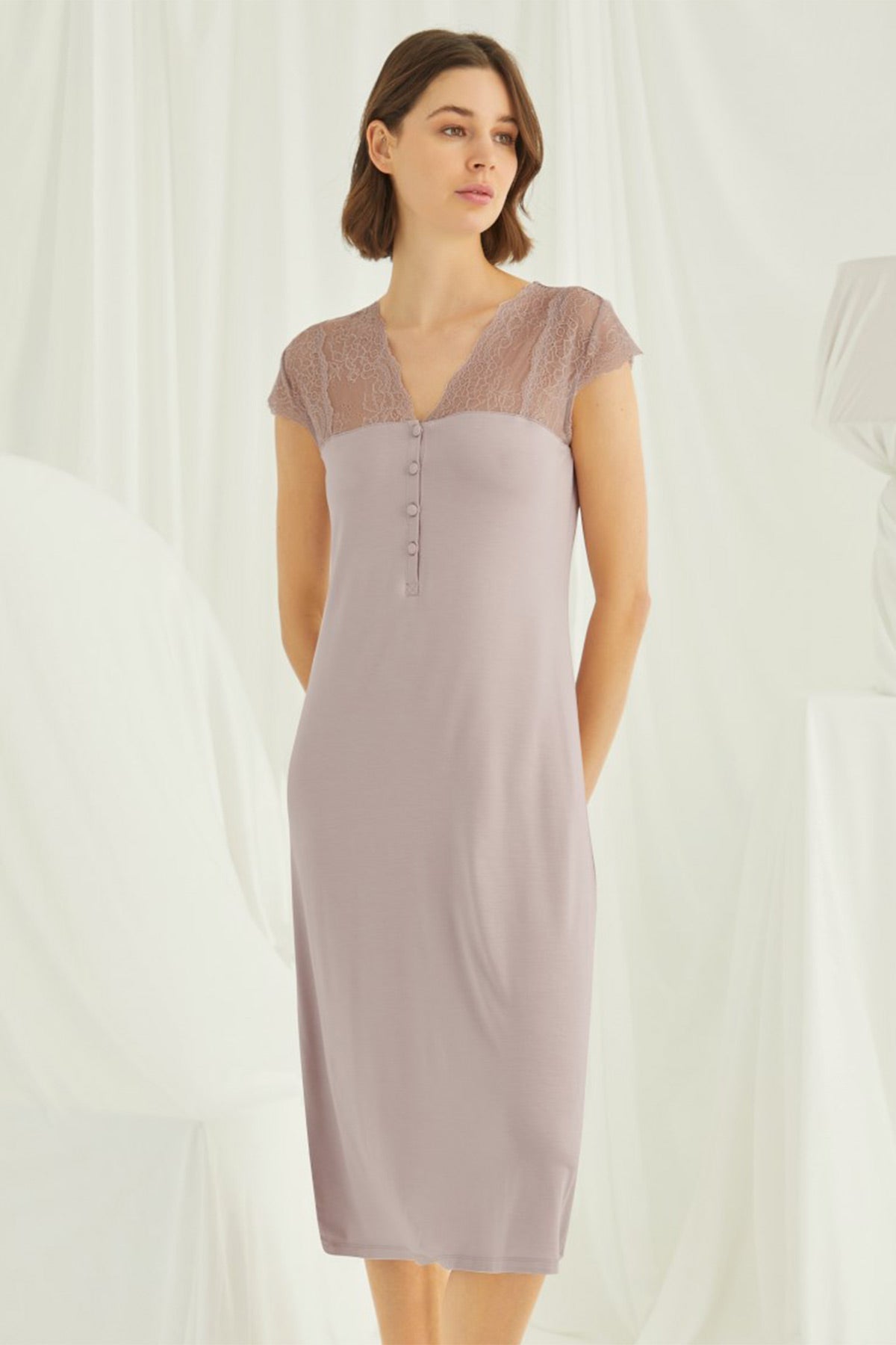 Burgundy Artemis Shopymommy lace V-neck plus size maternity and nursing nightgown, soft and comfortable lingerie for new moms