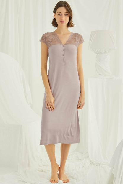 Burgundy Artemis Shopymommy lace V-neck plus size maternity and nursing nightgown with delicate lace details and comfortable fit.