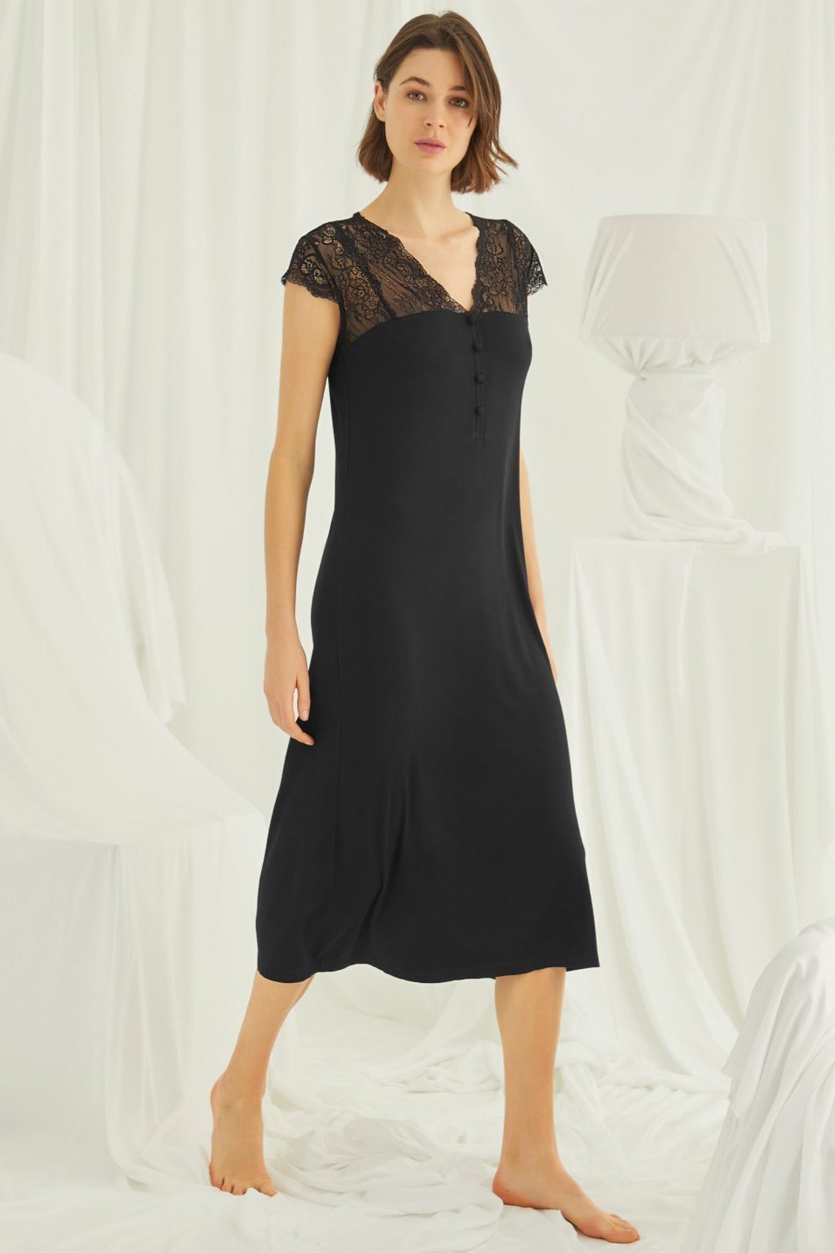 Burgundy Artemis Shopymommy lace V-neck plus size maternity and nursing nightgown with floral lace details and relaxed fit.