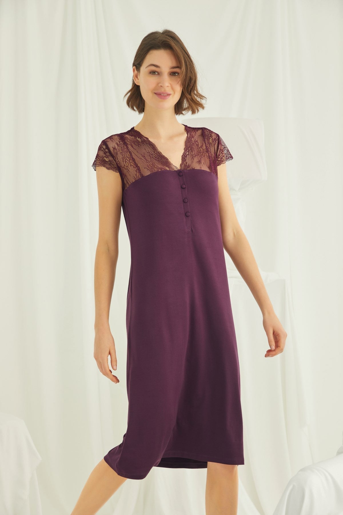 Burgundy Artemis Shopymommy lace V-neck plus size maternity and nursing nightgown with floral lace details and relaxed fit.