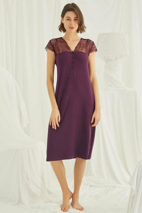 Burgundy Artemis Shopymommy lace V-neck plus size maternity and nursing nightgown, soft fabric and comfortable fit