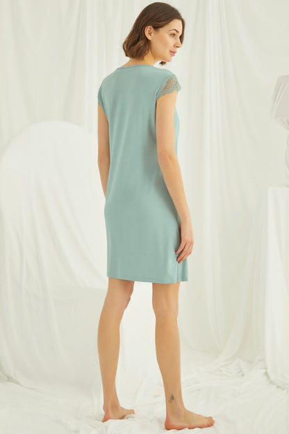 Green lace V-neck maternity and nursing nightgown by Burgundy Artemis, featuring short sleeves and a comfortable fit.