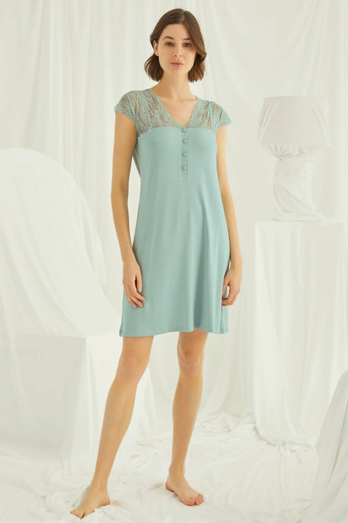 Green lace V-neck maternity and nursing nightgown by Burgundy Artemis, featuring short sleeves and soft fabric for comfort.