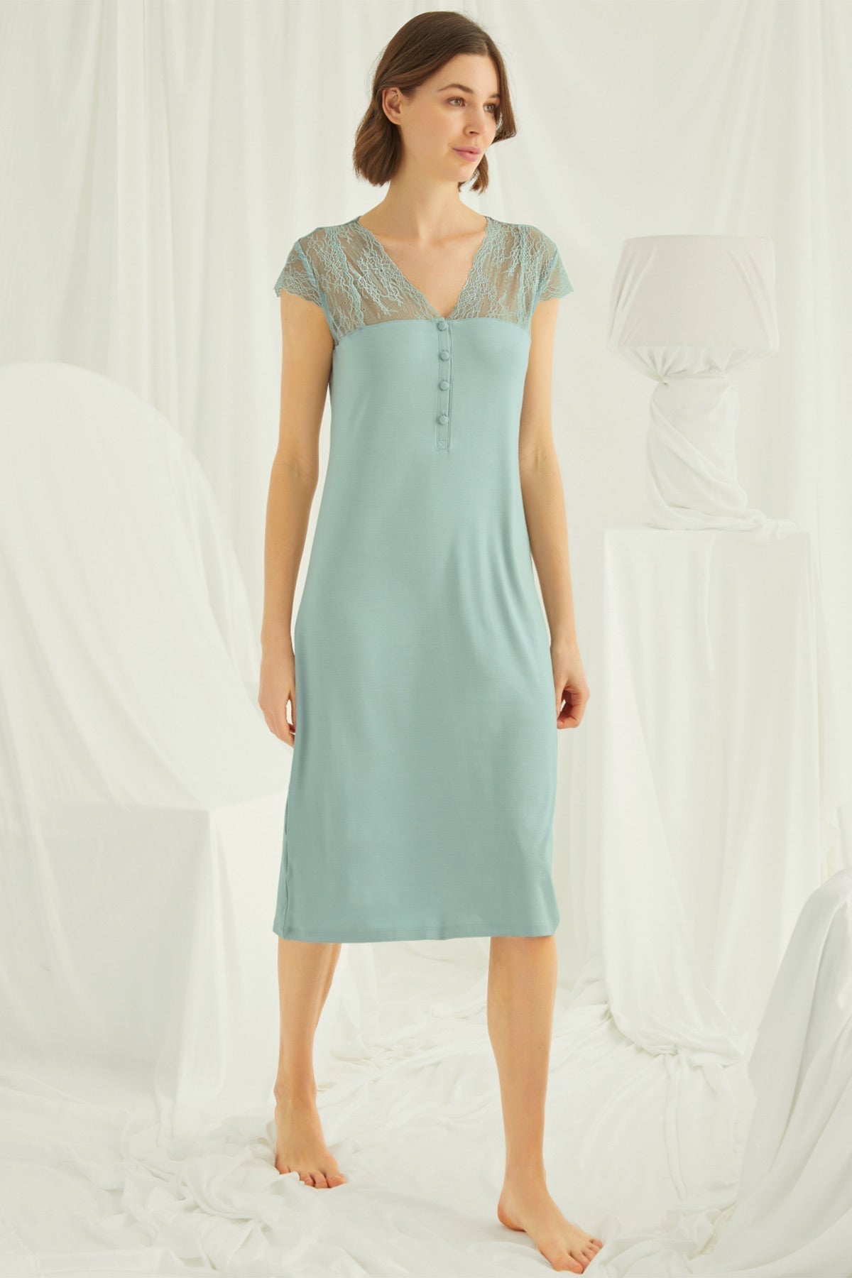 Green Lace V-Neck Maternity and Nursing Nightgown by Burgundy Artemis, featuring long sleeves and delicate lace details.