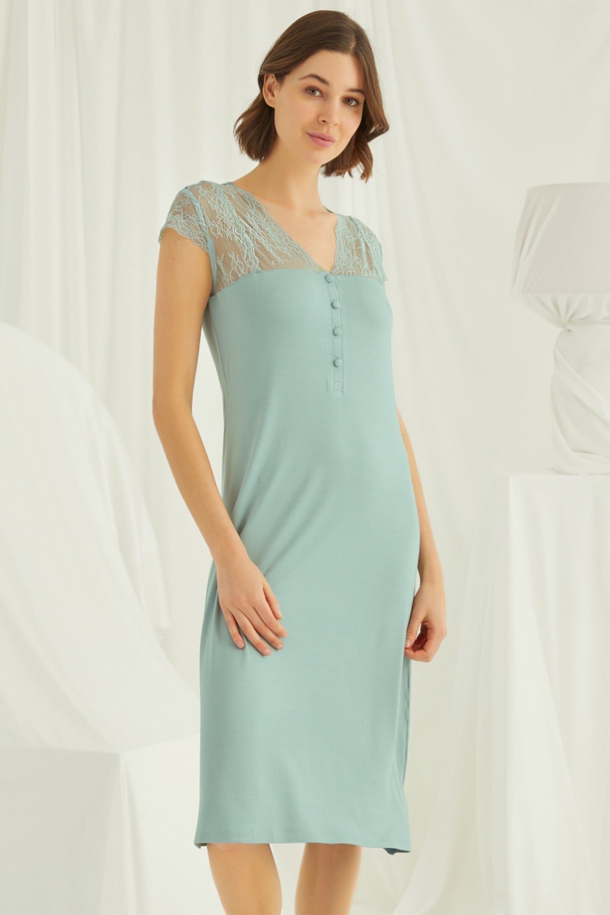 Green lace V-neck maternity and nursing nightgown by Burgundy Artemis, featuring long sleeves and comfortable fit.