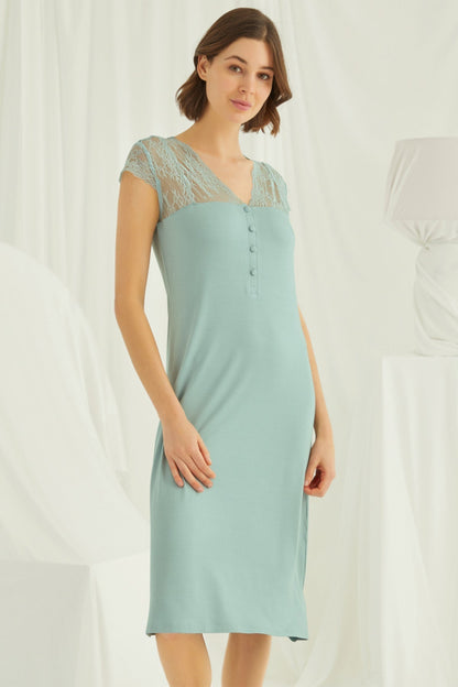 Green lace V-neck maternity and nursing nightgown by Burgundy Artemis, featuring long sleeves and comfortable fit.