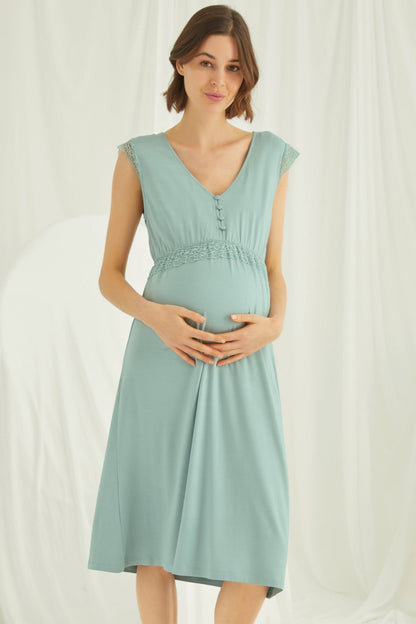 Green lace V-neck maternity and nursing nightgown by Burgundy Artemis, featuring soft fabric and Comfortable fit for nursing moms.