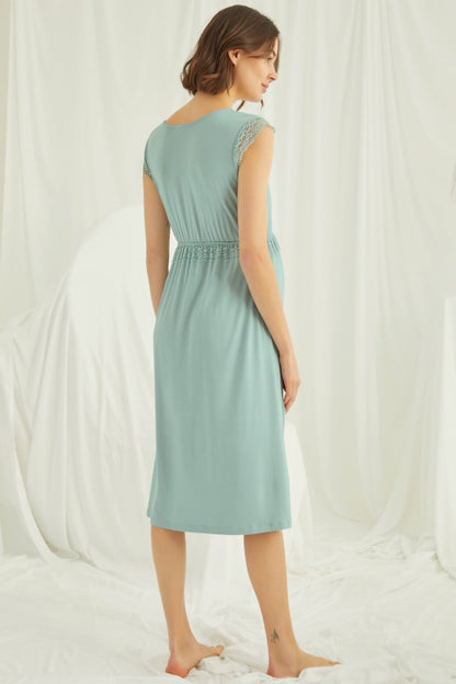 Green lace V-neck maternity and nursing nightgown by Burgundy Artemis, featuring soft fabric and comfortable fit for nursing moms.