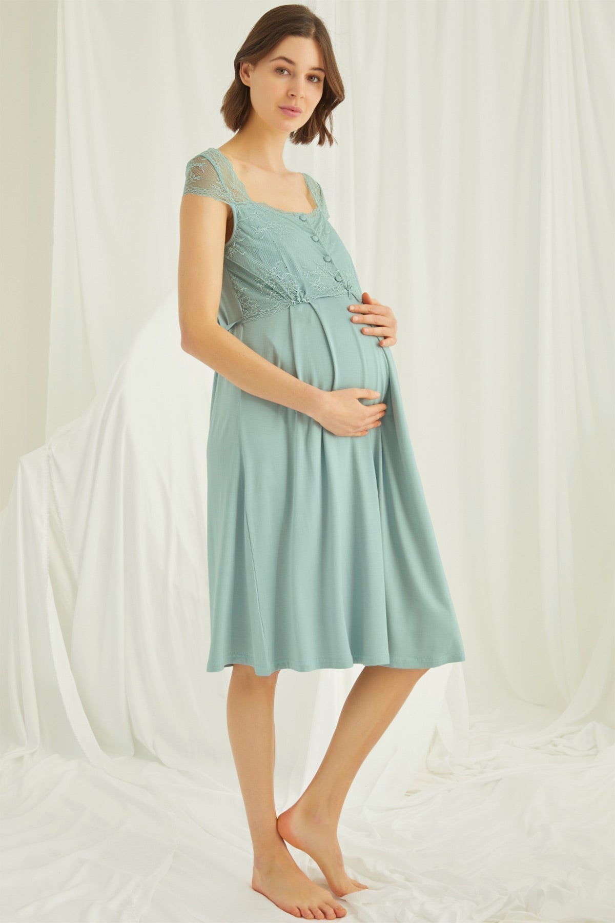 Burgundy Artemis Shopymommy lace maternity and nursing nightgown with matching robe set, featuring delicate lace details and comfortable fit.