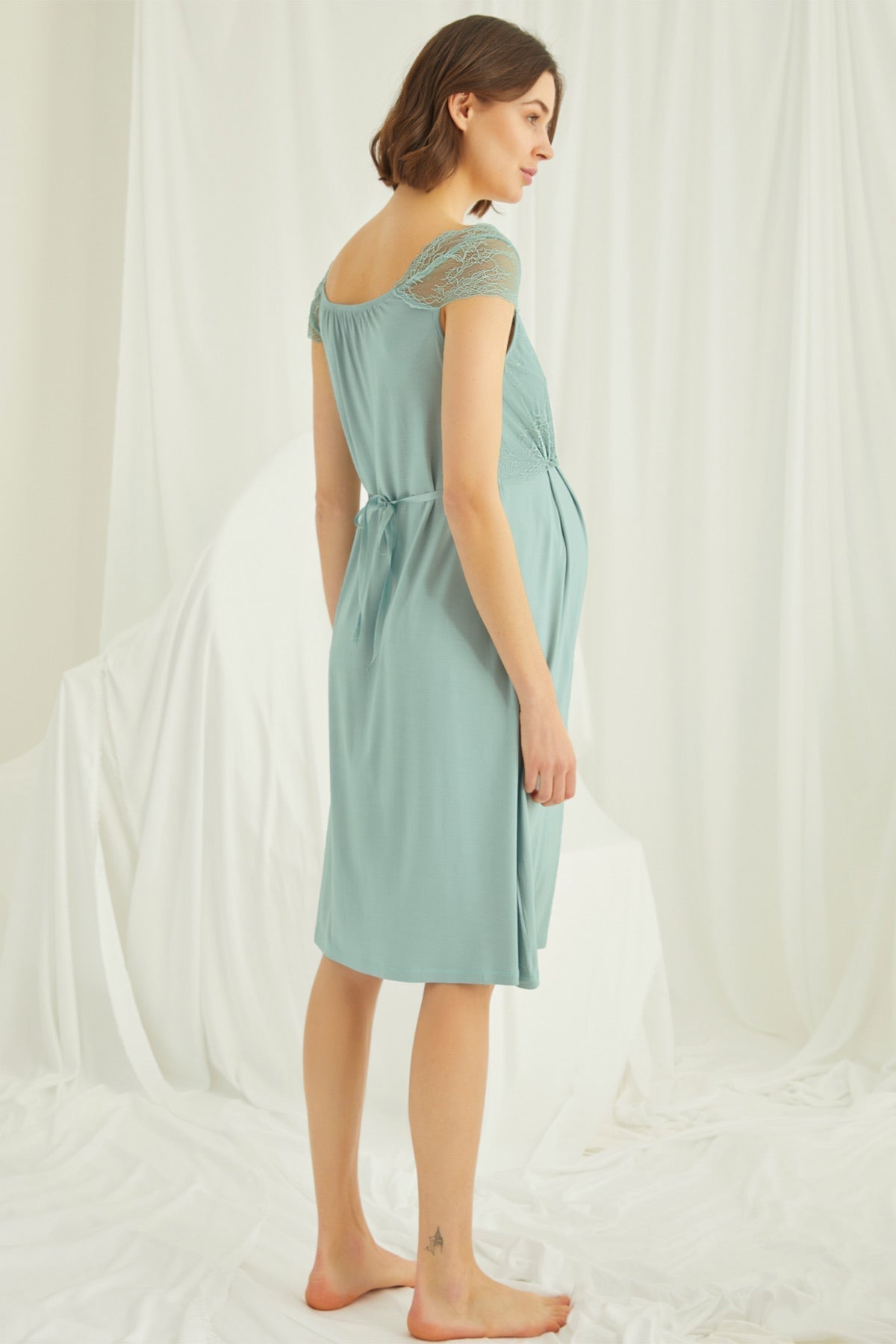 Burgundy Artemis Shopymommy lace maternity and nursing nightgown with matching robe set, featuring delicate lace details.