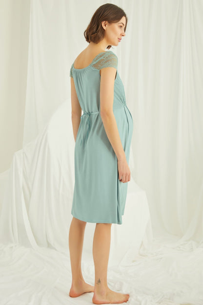 Burgundy Artemis Shopymommy lace maternity and nursing nightgown with matching robe set, featuring delicate lace details.