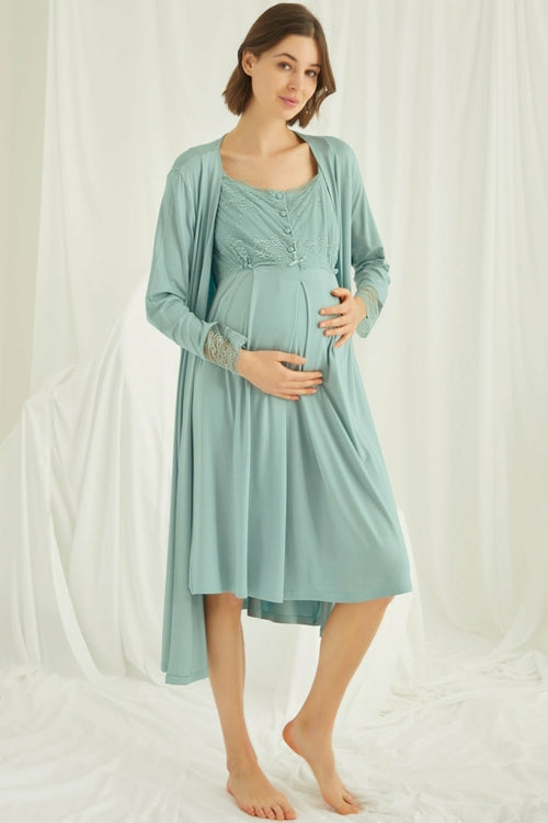 Burgundy Artemis Shopymommy lace maternity and nursing nightgown with matching robe set, soft fabric, and delicate lace details.