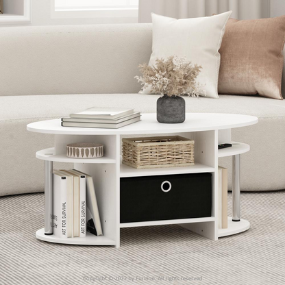 White oak oval coffee table with stainless steel tubes and built-in bin, modern Start2Finish furniture design.