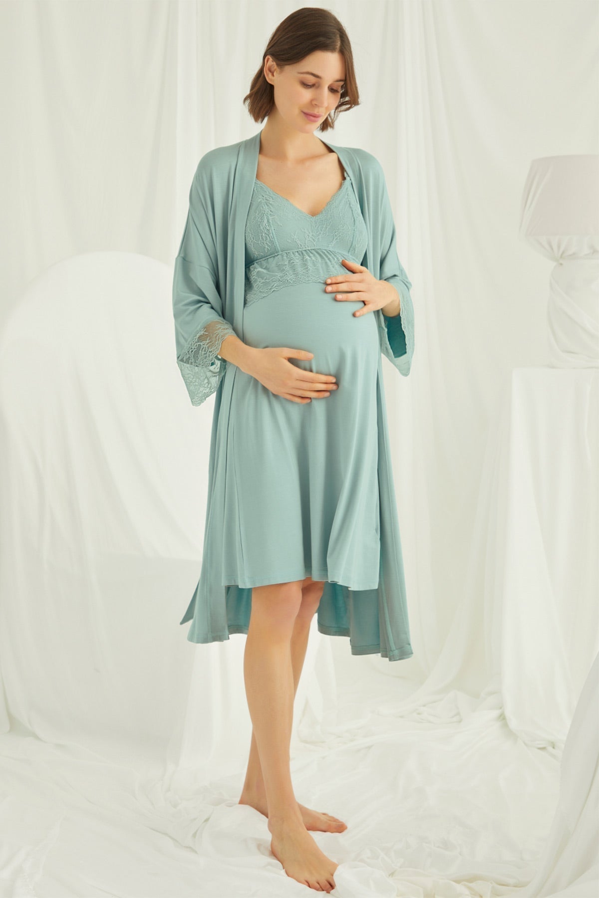 Burgundy Artemis Shopymommy lace strappy maternity and nursing nightgown with matching robe, soft and comfortable lingerie set.