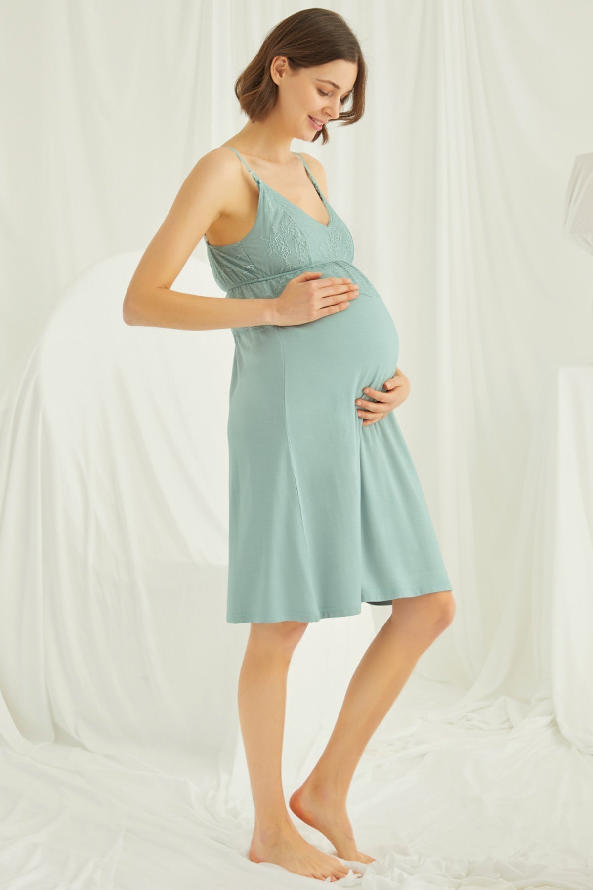 Burgundy Artemis Shopymommy lace strappy maternity and nursing nightgown with matching robe, soft and comfortable lingerie set.