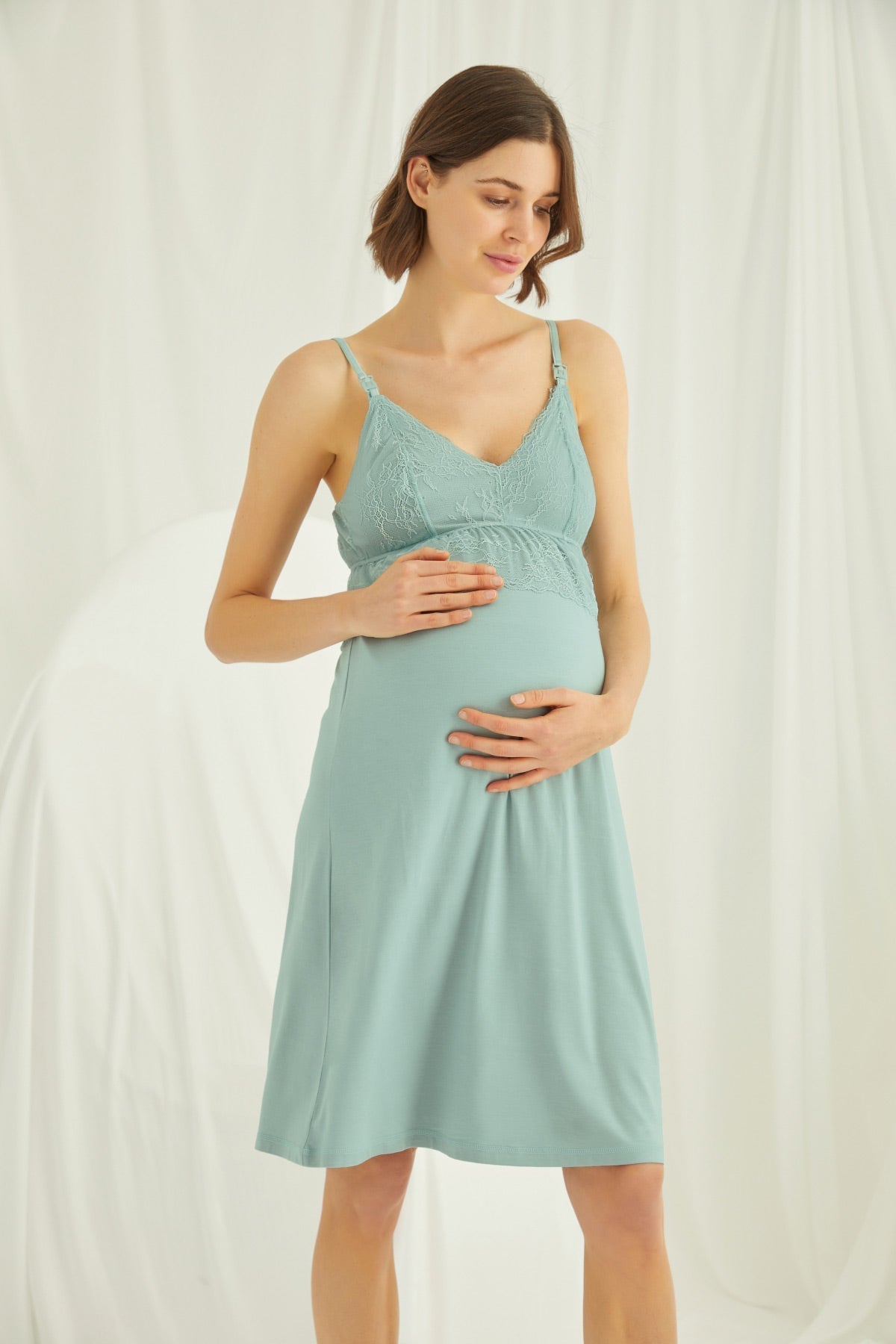 Burgundy Artemis Shopymommy lace strappy maternity and nursing nightgown with matching robe, featuring delicate lace details.