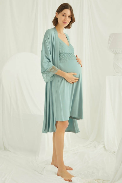 Burgundy Artemis Shopymommy lace strappy maternity and nursing nightgown with matching robe, featuring delicate lace and adjustable straps.