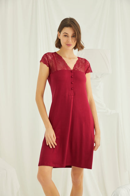 Red lace V-neck maternity and nursing nightgown by Burgundy Artemis featuring short sleeves and a comfortable fit.