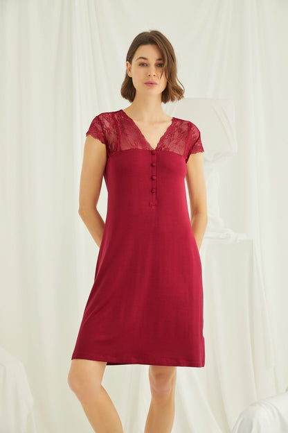 Red Lace V-Neck Maternity and Nursing Nightgown by Burgundy Artemis, featuring soft fabric and comfortable fit for new moms.
