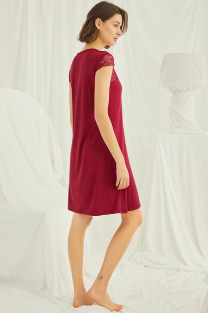 Red lace V-neck maternity and nursing nightgown by Burgundy Artemis, featuring short sleeves and delicate lace details.
