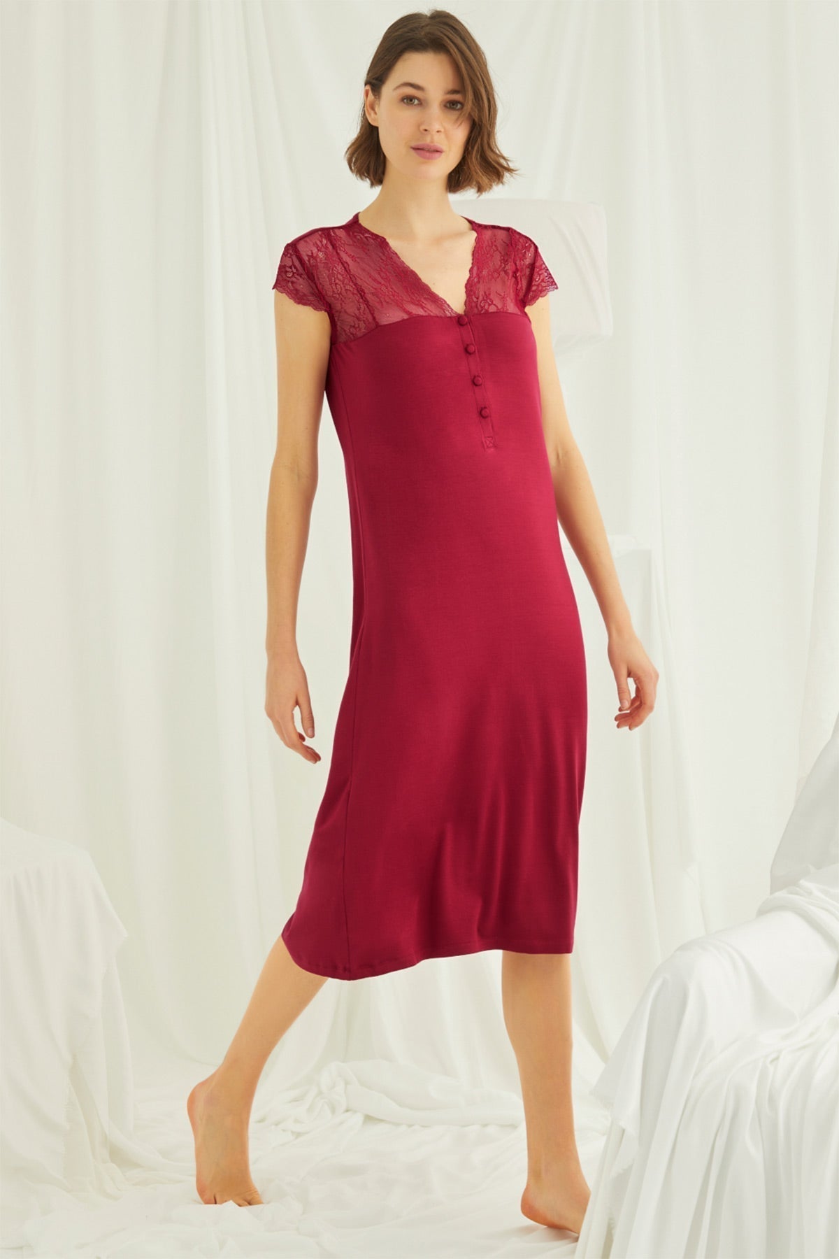 Red lace V-neck maternity and nursing nightgown by Burgundy Artemis, featuring long sleeves and a comfortable, elegant fit.