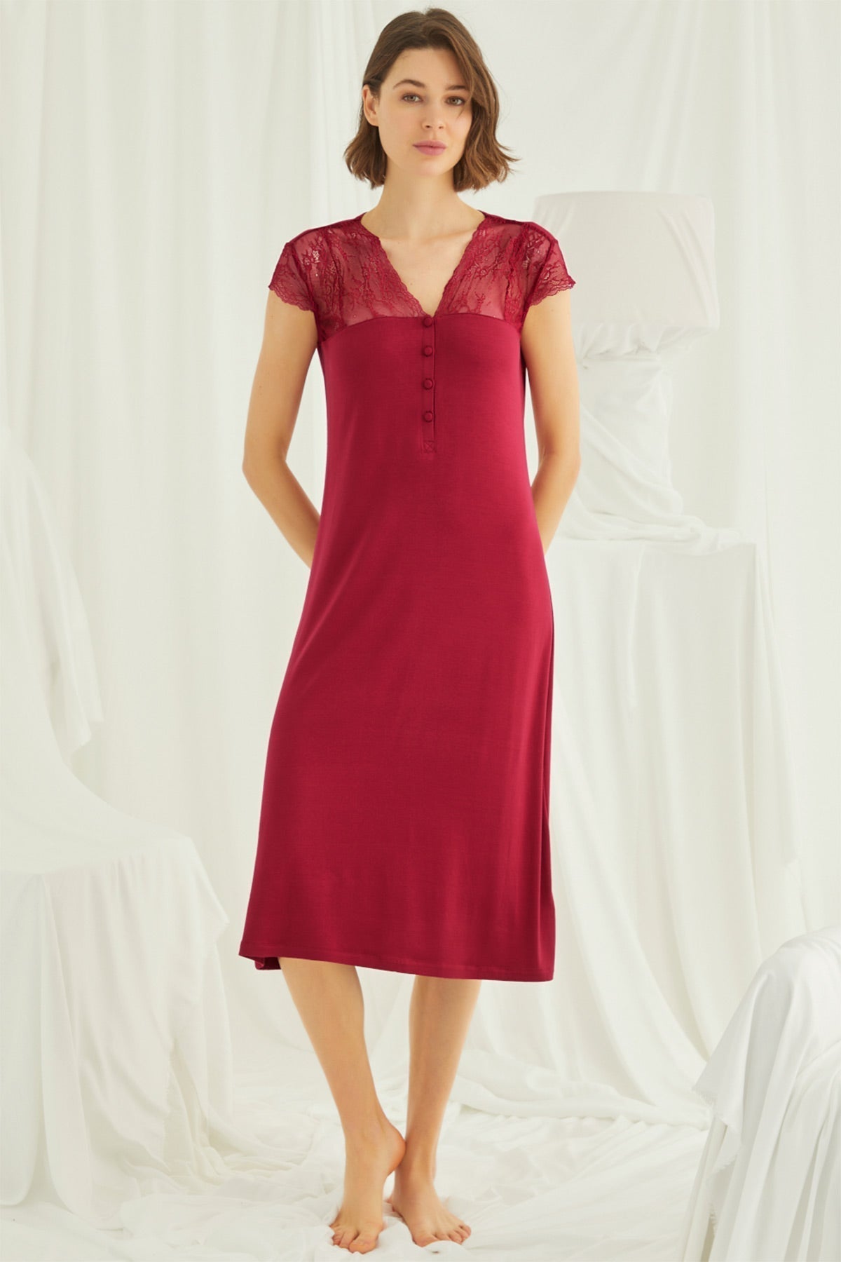 Red Shopymommy Lace V-Neck Maternity &amp; Nursing Nightgown by Burgundy Artemis, featuring long sleeves and a comfortable fit.