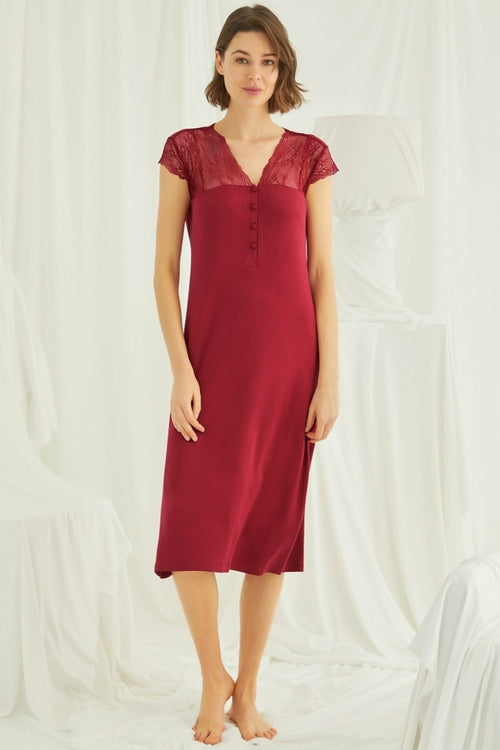 Red lace V-neck maternity and nursing nightgown by Burgundy Artemis, featuring long sleeves and a comfortable, elegant design.