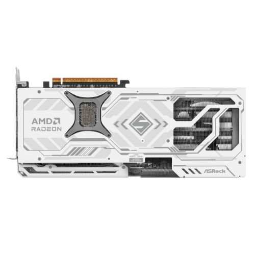Asrock RX9070 XT Steel Legend graphics card with 16GB DDR6 RAM, HDMI, 3 DisplayPorts, RGB lighting, white design