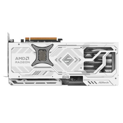 Asrock RX9070 XT Steel Legend graphics card with 16GB DDR6 RAM, HDMI, 3 DisplayPorts, RGB lighting, white design
