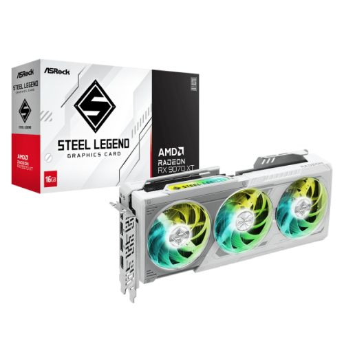 Asrock RX9070 XT Steel Legend graphics card with 16GB DDR6, PCIe 5, HDMI, 3 DisplayPorts, RGB lighting, white color.