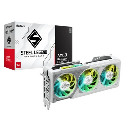 Asrock RX9070 XT Steel Legend graphics card with 16GB DDR6, PCIe 5, HDMI, 3 DisplayPorts, RGB lighting, white color.