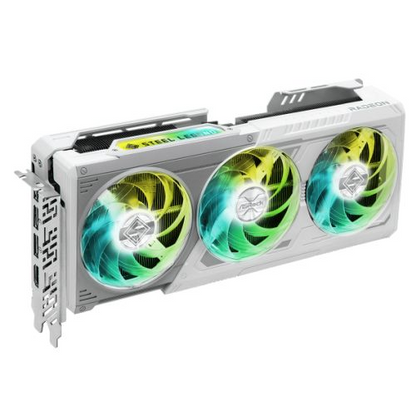 Asrock RX9070 XT Steel Legend graphics card with white design, RGB lighting, HDMI, 3 DisplayPorts, 16GB DDR6, PCIe 5, 2970MHz clock