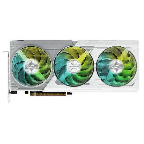 Asrock RX9070 XT Steel Legend graphics card with RGB lighting, 16GB DDR6 memory, HDMI and DisplayPort connectors, white color.