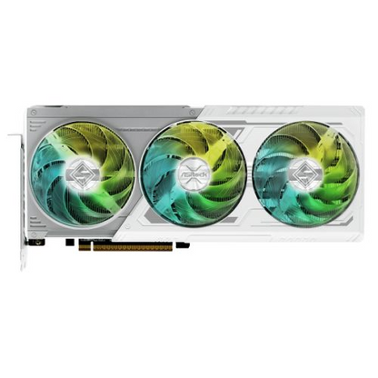 Asrock RX9070 XT Steel Legend graphics card with RGB lighting, 16GB DDR6 memory, HDMI and DisplayPort connectors, white color.