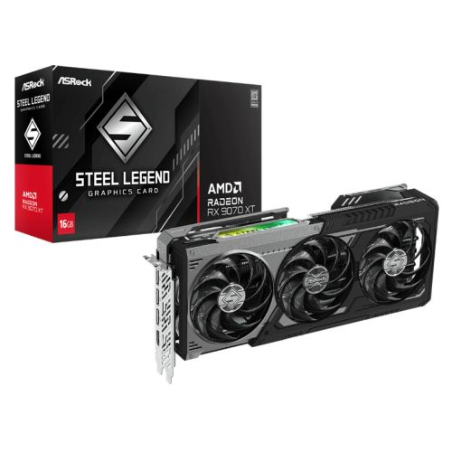 Asrock RX9070 XT Steel Legend Dark graphics card with RGB lighting, 16GB DDR6, PCIe 5, HDMI, and 3 DisplayPorts.