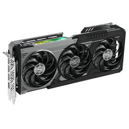 Asrock RX9070 XT Steel Legend Dark graphics card with RGB lighting, HDMI, 3 DisplayPort, 16GB DDR6, PCIe 5.0, 2970MHz clock.
