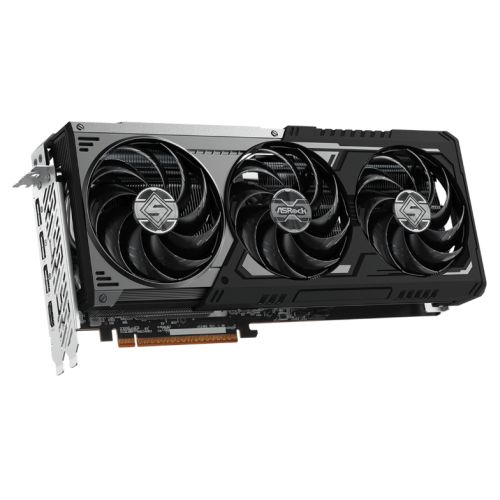 Asrock RX9070 XT Steel Legend Dark graphics card with RGB lighting, PCIe 5, 16GB DDR6 RAM, HDMI, and DisplayPort connections.
