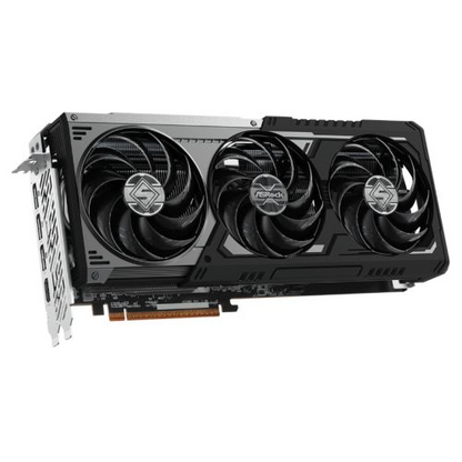 Asrock RX9070 XT Steel Legend Dark graphics card with RGB lighting, PCIe 5, 16GB DDR6 RAM, HDMI, and DisplayPort connections.