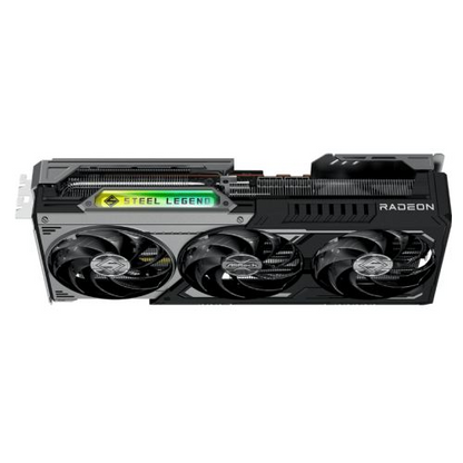 Asrock RX9070 XT Steel Legend Dark graphics card with 16GB DDR6, PCIe 5, HDMI, 3 DisplayPorts, RGB lighting, and 2970MHz clock.