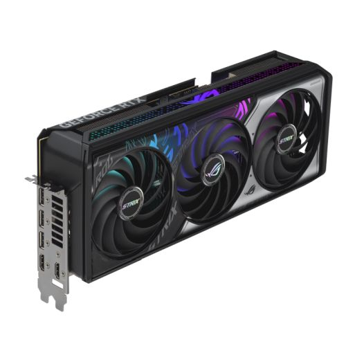 Asus ROG STRIX RTX5070 Ti OC graphics card with RGB lighting, PCIe5, 16GB DDR7, 2 HDMI, 3 DisplayPort, overclocked, high-performance.