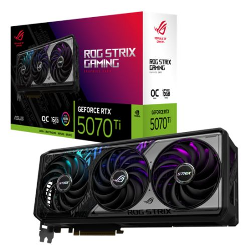 ASUS ROG STRIX RTX 5070 Ti OC graphics card with RGB lighting, PCIe 5, 16GB DDR7, HDMI, DisplayPort, overclocked at 2625MHz