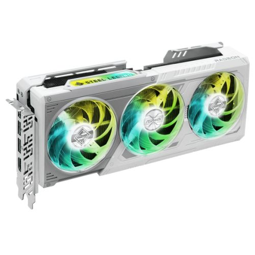 Start2Finish Asrock RX9070 Steel Legend graphics card with RGB lighting, 16GB DDR6, PCIe 5, HDMI, 3 DisplayPorts, white overclocked design