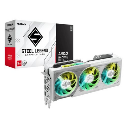 Asrock RX9070 Steel Legend 16GB OC gaming motherboard with RGB lighting, PCIe5, HDMI, DisplayPorts, and DDR6 memory in white