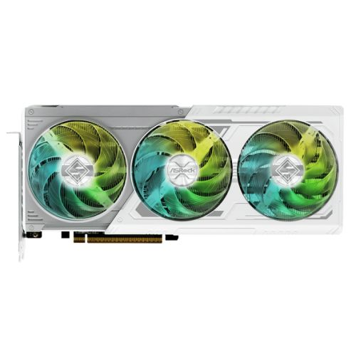 Asrock RX9070 Steel Legend 16GB OC PCIe5 DDR6 graphics card with HDMI, 3 DisplayPorts, RGB lighting, white color, overclocked.