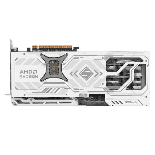 Start2Finish Asrock RX9070 Steel Legend graphics card with white design, RGB lighting, PCIe5, 16GB DDR6, HDMI, and 3 DisplayPorts.