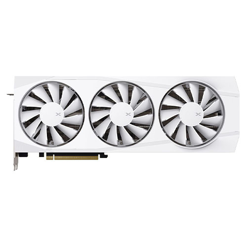 XFX RX9070 XT Quicksilver White Magnetic Air Edition graphics card with PCIe5, 16GB DDR6, HDMI, and DisplayPort connectors.