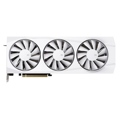 XFX RX9070 XT Quicksilver White Magnetic Air Edition graphics card with PCIe5, 16GB DDR6, HDMI, and DisplayPort connectors.