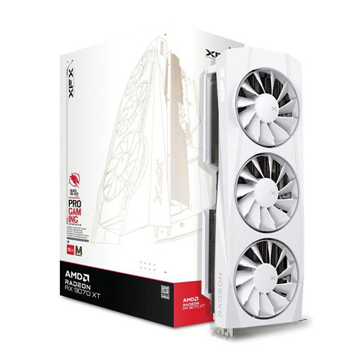 XFX RX9070 XT Quicksilver White graphics card with PCIe 5, 16GB DDR6, HDMI, DisplayPort, and Magnetic Air Tech design.